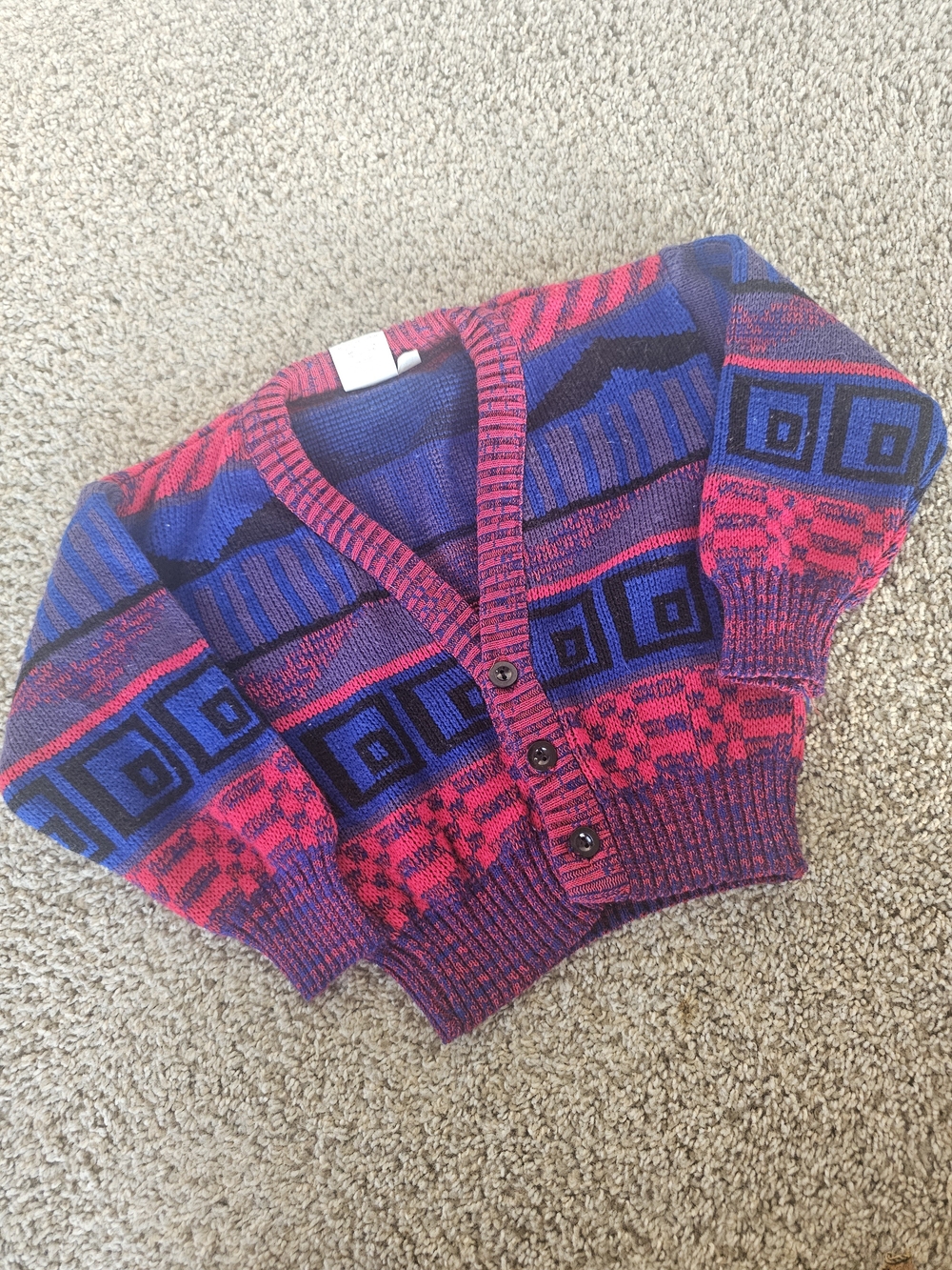 Vintage 1980s 90s Red & Blue Knit Little Grandpa Sweater Cardigan